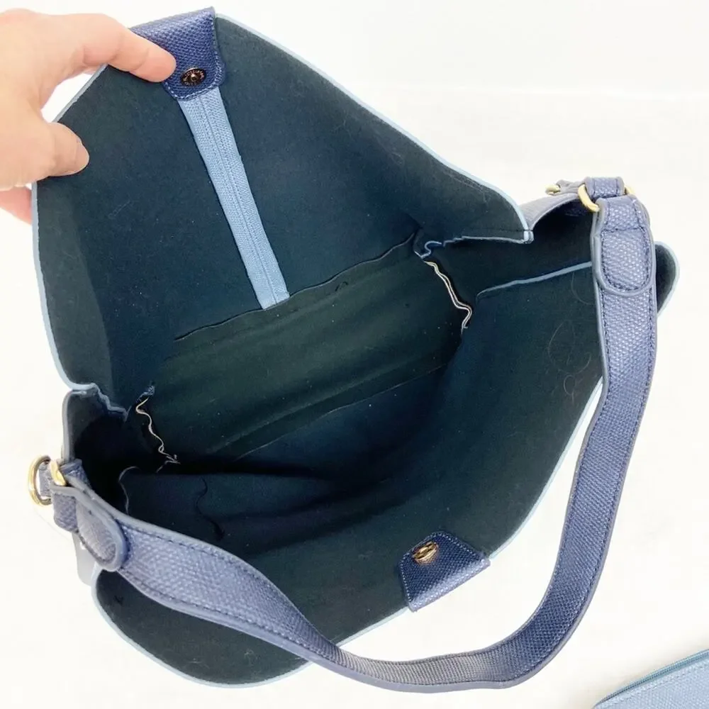 Blue Shoulder Bag Set Medium Large 11x14 w/ Detailed Strap + Matching Pouch NWT